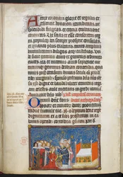 Cotton Tiberius B. VIII f.69v El Arzobispo de Reims colocando la corona sobre la cabeza de la reina y los barones sosteniendo su corona, ilustración de 