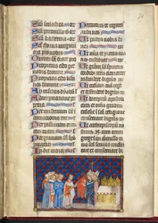 Cotton Tiberio B. VIII f.73r, El Arzobispo de Reims bendiciendo la Oriflama, ilustración de 