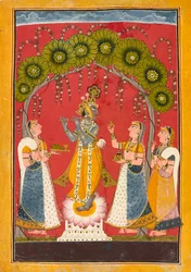 Krishna tocando la flauta, folio de una serie Dasavatar