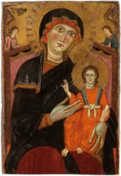 Madonna y niño entronizados con dos ángeles