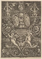 Un panel de ornamento, putti de pie sobre cornucopia en la sección inferior, 1530-60