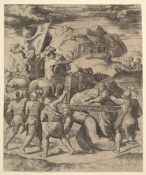 Cristo llevando la cruz rodeado de soldados, varios a caballo, 1530-60