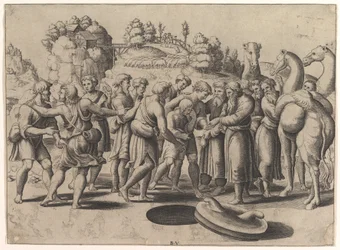 José en el centro siendo vendido por sus hermanos de pie sobre un pozo, camellos a la derecha, 1533