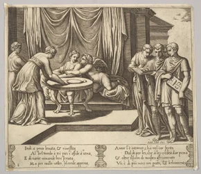 Placa 8: Psique sentada en una mesa y atendida por sirvientes invisibles, Eros al lado, 1530-60