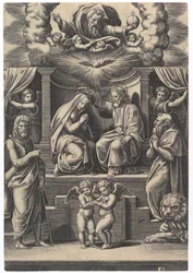 La Coronación de la Virgen, en la parte inferior izquierda está San Juan Bautista, en la parte inferior derecha..., 1530-60