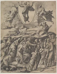La transfiguración de Cristo que aparece en el centro superior, debajo de él varias figuras (detalle), 1530-60