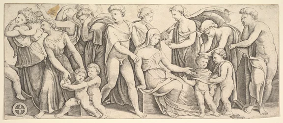 La boda de Jasón y Creusa, a la izquierda Medea lleva a sus hijos, 1530-60
