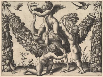 Tres putti ante una gran guirnalda, el del medio monta un avestruz