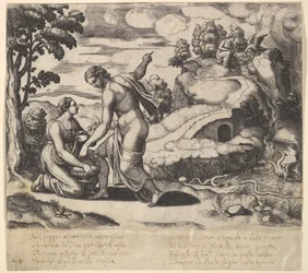 Venus ordenando a Psique que tome agua de una fuente custodiada por dragones