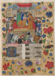David coronado Rey de Israel.
El Salterio. Saúl unge a David y coronación de David como rey de Israel. Salmo 26, que comienza con la inicial "D" decorada. Bordes decorados en trampantojo con flores e insectos.