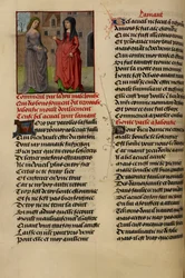 La miniatura muestra a Jalousie (Celos) hablando con Bel Accueil (Buena Bienvenida) de 
