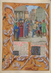 Temporal (1ª parte: del Primer Domingo de Adviento al Sábado Santo).
Cristo expulsando a un demonio mudo (Tercer domingo de Cuaresma). Franja de orilla y dos columnas de texto, con iniciales.