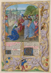 La mujer de Canaán suplica a Cristo que expulse al demonio de su hija. Texto con las iniciales "D" y "Q" decoradas. Bordes decorados en trampantojo con acantos, flores, fresas, un pájaro y un hombre.