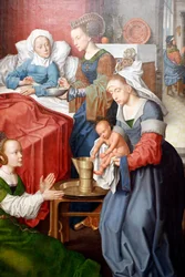 Museo de Évora. Maestro del retablo de Évora. El nacimiento de la Virgen. Escuela flamenca 1500. Portugal.