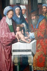 Museo de Évora. Maestro del retablo de Évora. La circuncisión de Cristo. Óleo sobre panel. Escuela flamenca 1500. Portugal.