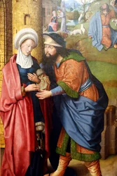 Museo de Évora. Maestro del retablo de Évora. El encuentro de Joaquín y Ana ante la Puerta Dorada. Escuela flamenca 1500. Portugal.