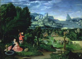 El descanso en la huida a Egipto, paisaje pintado por Joachim Patinir