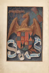 Horas de la Reina Isabel la Católica, Reina de España: Fol. 1v, Escudos y lemas de Isabel la Católica
