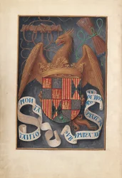 Horas de la Reina Isabel la Católica, Reina de España: Fol. 1v, Armas y Lemas de Isabel..., c. 1500