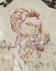 Detalle de San Onufrio y escena de su vida (dibujo mural tintado y pintura)