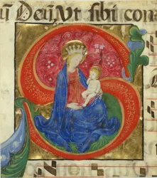 Iluminación de manuscrito con la Virgen y el Niño en una inicial S, de un antifonario, mediados del siglo XV