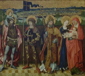 Santa Ana, la Virgen y el Niño, San Cristóbal, San Gereón y San Pedro en un paisaje, mostrando Colonia y las Siete Colinas, c.1460-80