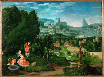 Paisaje con descanso durante la Huida a Egipto (pintura sobre madera de roble)
