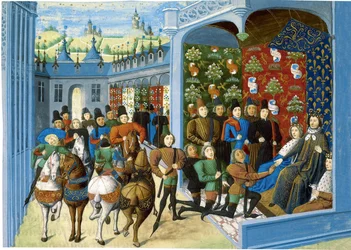 El rey Carlos VI de Francia recibe a los enviados ingleses. De las Crónicas de Jean Froissart