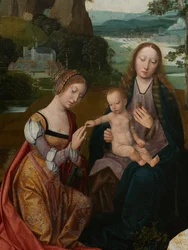 Detalle de la tabla central de la Virgen y el Niño con Santa Catalina y Santa Bárbara, c.1520-25 (óleo sobre tabla)