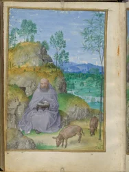 San Antonio abad en el desierto, miniatura de las Horas Blancas de Emerson.