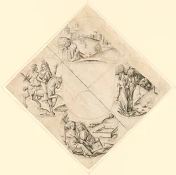 Diseño para un cuatrifolio con un castillo, dos amantes, una doncella tentada por un bufón, una pareja sentada junto a un abrevadero y un caballero y su amante montados a caballo