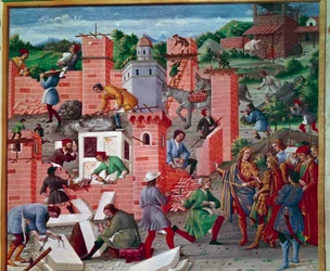 La construcción de la ciudad de Roma. Los gemelos Rómulo y Remo visitan la obra (inspección de la obra y avance del trabajo). Los obreros participan activamente en la tarea: Macones, sastres de piedra, portadores, mármol y cemento (preparando el cemento) e