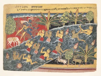 Las Gopis suplican a Krishna que devuelva su ropa: Folio del Isarda Bhagavata..., ca. 1560-65