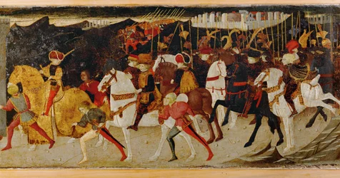 Grupo de caballeros a caballo (temple sobre madera)