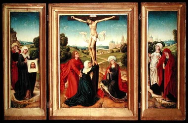 Tríptico con el panel central que representa la Crucifixión con la Virgen, San Juan y María Magdalena; el ala izquierda: Santa Verónica y una santa; y el ala derecha: Las dos Marías