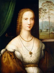 Retrato de una dama, a media longitud, con un vestido blanco con mangas doradas