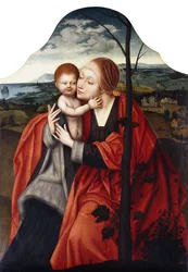 La Virgen y el Niño sentados junto a un árbol