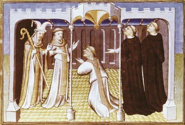 Fray Ricoldo da Monte di Croce ante los nestorianos - RICOLDO DA MONTE DI CROCE (1242-1320). Fraile dominico italiano, gran especialista del Islam. Fray Ricoldo da Monte di Croce ante los nestorianos. Obra del Maestro de Mazarine