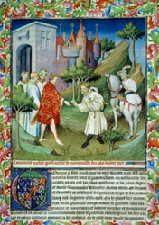 Juan de Mandeville (1300-1372) se fue del Rey Eduardo II y dejó Inglaterra. Miniatura en "El Libro de las Maravillas del Mundo" Ms 2810. Folio 141. Manuscrito iluminado por el Maestro de Mazarine, escrito por Juan (Jehan) de Mandeville (1300?-1372)