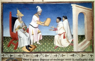 Marco y Maffeo Polo reciben obsequios de Kublai Kan. Miniatura tomada de «El libro de las maravillas» («Descripción del mundo», «Il Milione») de Marco Polo (1254-1324) (Ms. 2810, folio 3v), iluminada por el Maestro de la Mazarina, hacia 1410-1412