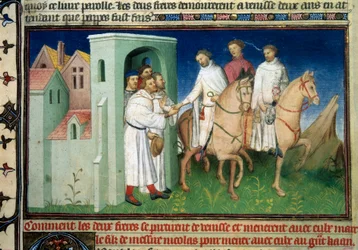 Matteo y Niccolo, los hermanos Polo dejando Venecia. Miniatura tomada de "El Libro de las Maravillas" ("Devisement of the World", "Il Milione") de Marco Polo (1254-1324) (Ms. 2810, Folio 4) iluminada por el Maestro de Mazarine, alrededor de 1410-1412. BN