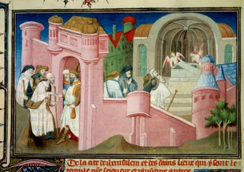 Peregrinos visitan la iglesia del Santo Sepulcro y la tumba de Cristo en Jerusalén Miniatura en "Liber de quibusdam ultramarinis partibus et praecipue de Terra sancta" (El estado de la Tierra Santa y también en parte de la Tierra de Egipto) por William de 