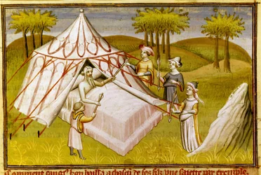 El líder mongol Gengis Kan en su lecho de muerte dando sus últimas recomendaciones a sus hijos, hacia 1410