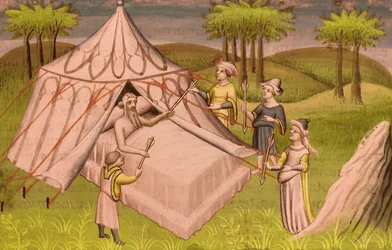 El líder mongol Gengis Kan en su lecho de muerte dando sus últimas recomendaciones a sus hijos, hacia 1410