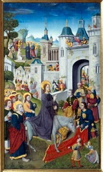 La entrada de Cristo en Jerusalén El Domingo de Ramos, los habitantes le saludan con alegría extendiendo sus ropas en el suelo, empuñando ramas de olivo. Pintura del Maestro del Monograma AH