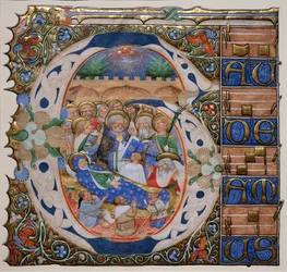 Historiada inicial con la Muerte de la virgen. Maestro del Gradual de Murano. Hacia 1420 (pergamino)