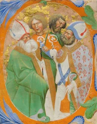 Iluminación de Manuscrito con Cuatro Santos en una Inicial O, de un Libro de Coro, Italiano, 1440-50