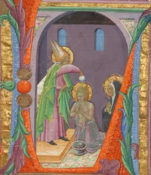 Inicial L: El bautismo de San Agustín
