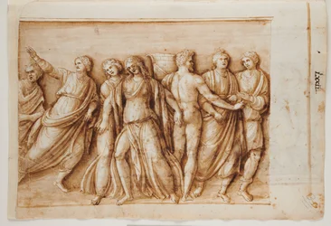 Folio 61, anverso: El retorno de Meleagro de un sarcófago romano, Roma, Palacio Barberini, c.1512-17 (pluma y tinta marrón con aguada marrón)