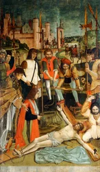 Cristo clavado en la cruz con un donante con el brazo en cabestrillo presentado por un sacerdote